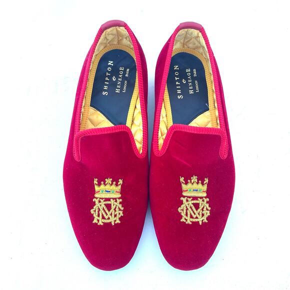 Shipton & Heneage Men’s Velvet Smoking Slippers Loafers Red Crown Quilt US 9 - Picture 3 of 8